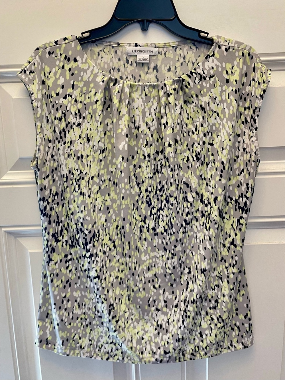 Liz Claiborne Women's Gray & Yellow Printed Cap-Sleeve Blouse size Large